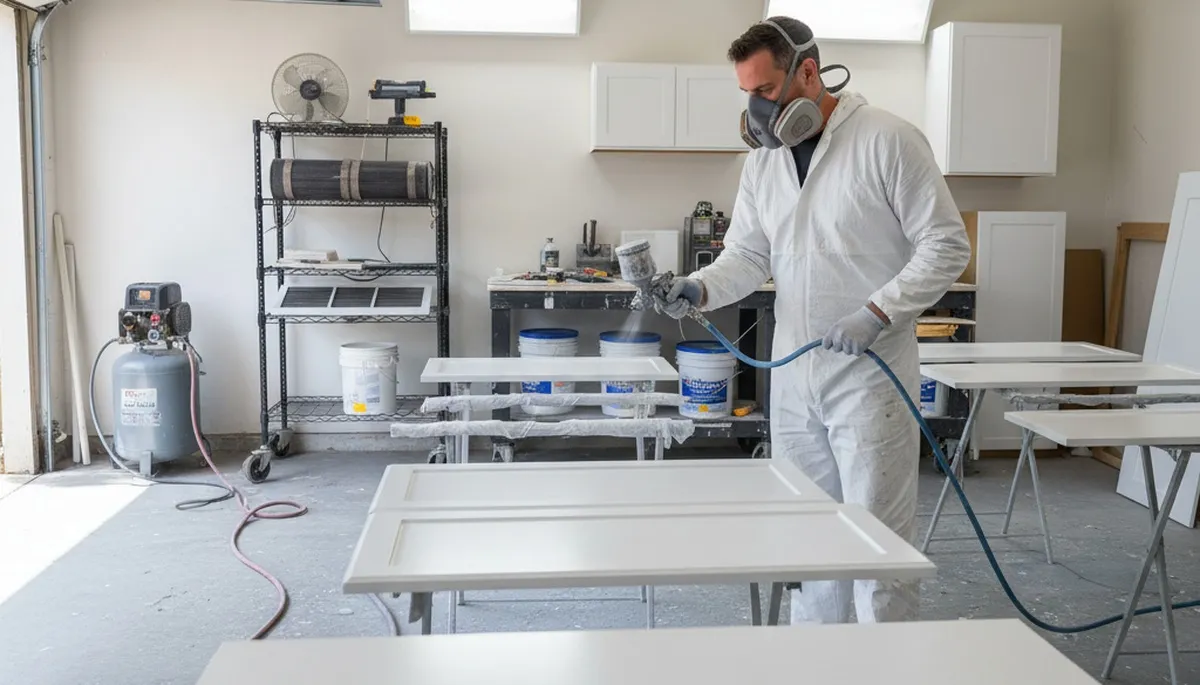 Professional cabinet painting process in Pasadena, CA using spray and brush for smooth kitchen finishes