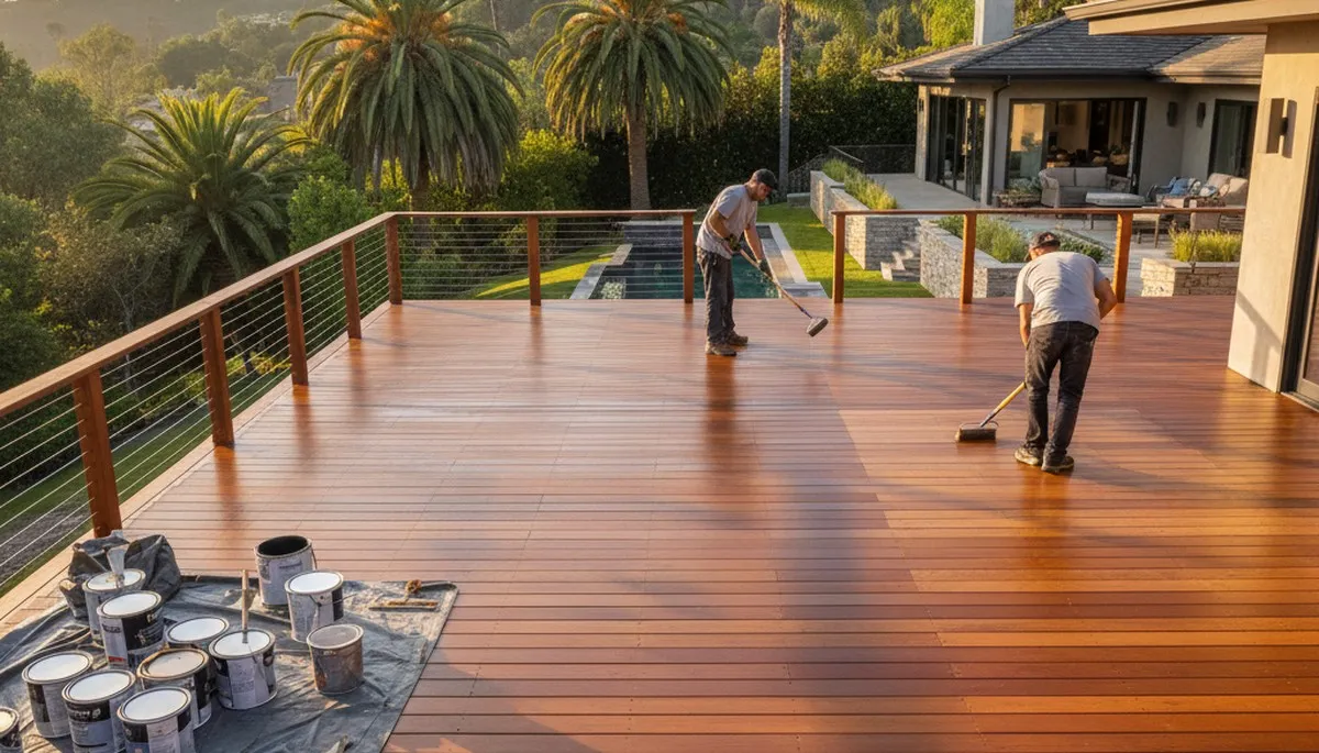 Professional deck staining in Pasadena, CA enhancing wood color and UV protection for outdoor surfaces