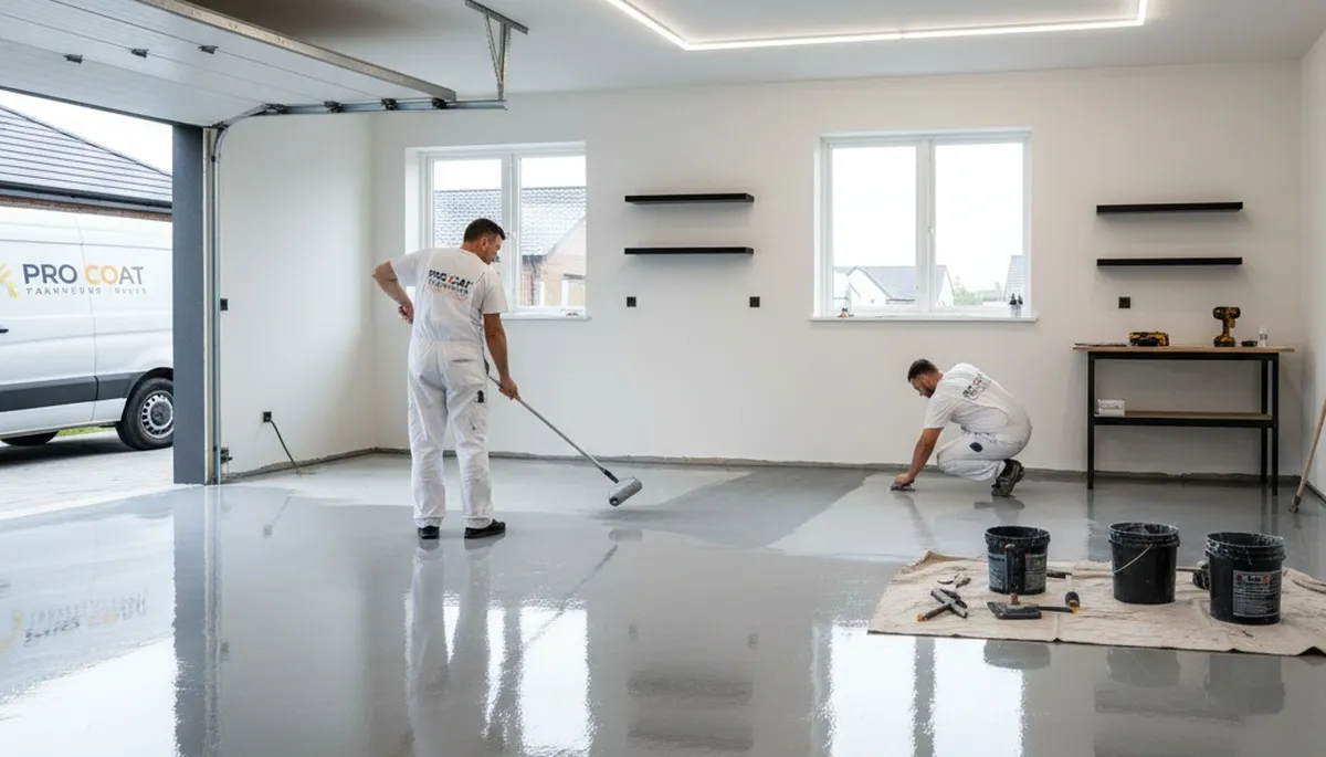Professional epoxy floor coating in a Pasadena CA garage by local painting contractors