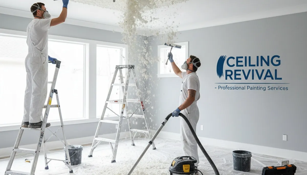 Technicians removing popcorn ceiling and refinishing smooth surface in Pasadena, CA home interior