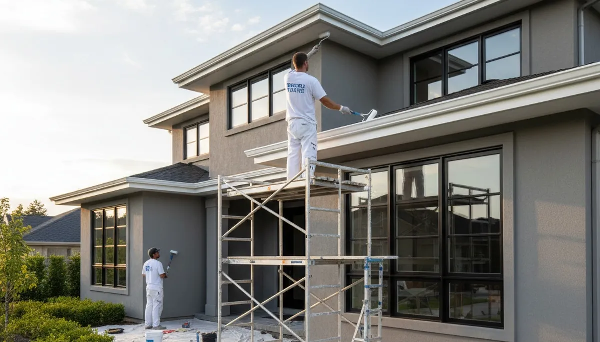 Professional trim and fascia painting on Pasadena, CA stucco home by expert house painters
